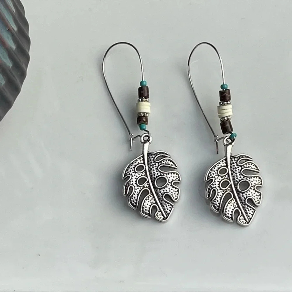 Beaded Boho Silver Leaf Earrings